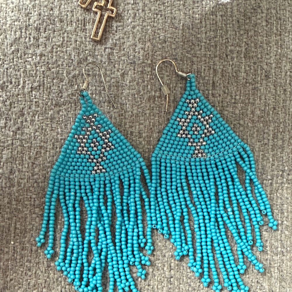 Turquoise Beaded Fringe Earrings